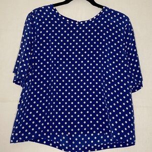 Equipment Femme Brynn Boxy Silk Short Sleeve Blue White Polka Dot Blouse, size L